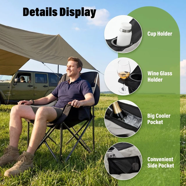 Alt view image 3 of 7 - Padded Camping Chair for Adults Heavy Duty Oversized Portable Folding Camp Chair with Cup Holder Cooler Pockets 500lbs Support for Outdoor Beach Fishing Garden (Black & Light Gray)