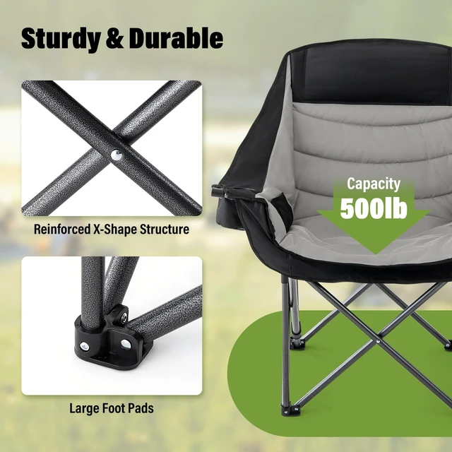 Alt view image 6 of 7 - Padded Camping Chair for Adults Heavy Duty Oversized Portable Folding Camp Chair with Cup Holder Cooler Pockets 500lbs Support for Outdoor Beach Fishing Garden (Black & Light Gray)