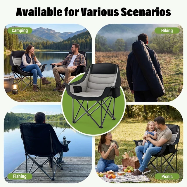 Alt view image 7 of 7 - Padded Camping Chair for Adults Heavy Duty Oversized Portable Folding Camp Chair with Cup Holder Cooler Pockets 500lbs Support for Outdoor Beach Fishing Garden (Black & Light Gray)