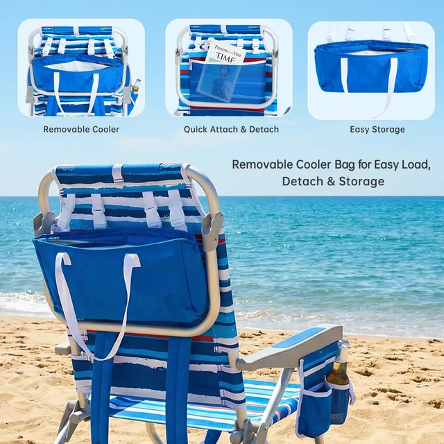 Alt view image 7 of 7 - Low Beach Chair 5 Position Lay Flat, Portable Folding Backpack Beach Chairs Heavy Duty with Cooler Bag, Cup Holder for Outdoor/Lawn/Picnic/Fishing, Foldable Camping Chair (New BlueStripe)