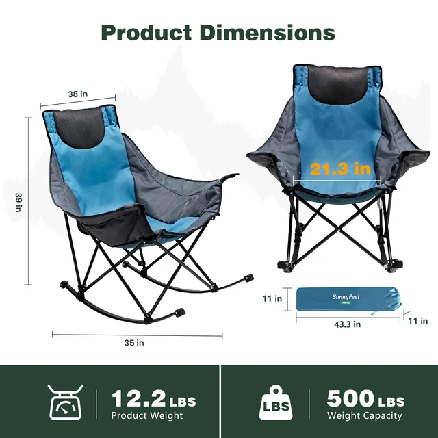Alt view image 2 of 7 - Oversized Folding Rocking Camping Chair for Adults, 500lbs Blue | Heavy Duty Outdoor Rocker Camping Chairs, High Back Padded Lawn Recliner with Side Pocket & Carry Bag