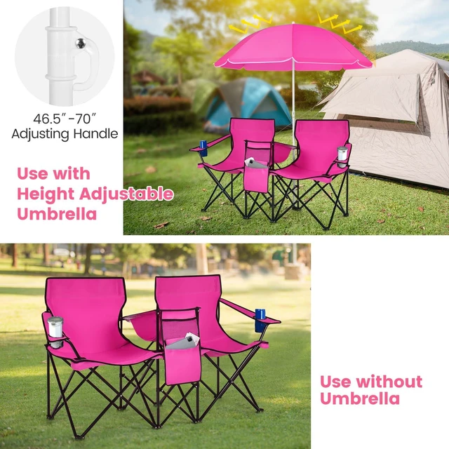 Alt view image 2 of 6 - Double Portable Picnic Chairs, Folding Camping Chairs w/Detachable Umbrella, Cooler Bag, Cup Holders, Patio Beach Camping Chairs for Outdoors, Pink