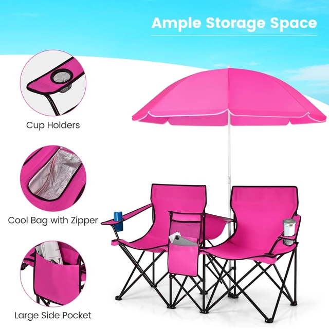 Alt view image 3 of 6 - Double Portable Picnic Chairs, Folding Camping Chairs w/Detachable Umbrella, Cooler Bag, Cup Holders, Patio Beach Camping Chairs for Outdoors, Pink