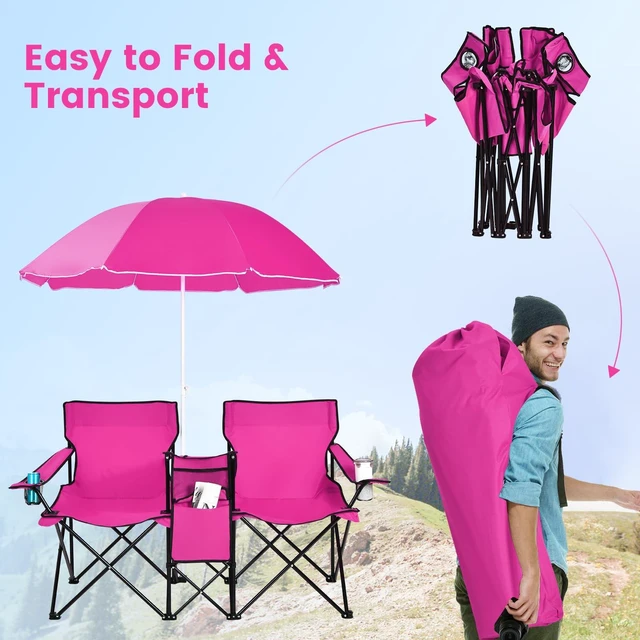 Alt view image 4 of 6 - Double Portable Picnic Chairs, Folding Camping Chairs w/Detachable Umbrella, Cooler Bag, Cup Holders, Patio Beach Camping Chairs for Outdoors, Pink