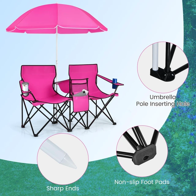 Alt view image 5 of 6 - Double Portable Picnic Chairs, Folding Camping Chairs w/Detachable Umbrella, Cooler Bag, Cup Holders, Patio Beach Camping Chairs for Outdoors, Pink