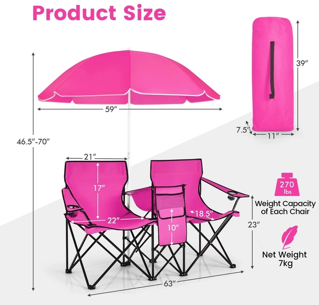 Alt view image 6 of 6 - Double Portable Picnic Chairs, Folding Camping Chairs w/Detachable Umbrella, Cooler Bag, Cup Holders, Patio Beach Camping Chairs for Outdoors, Pink