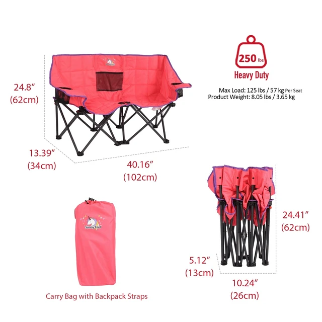 Alt view image 4 of 7 - Kids Double Camping Chair for Ages 4-8 Boys and Girls, Pink | Folding Kids 2 Seat Chair with Dual-lock safety 125 lbs, Mesh Storage Pocket, Backpack Carry Bag, Cup Holder for Camp, Picnic