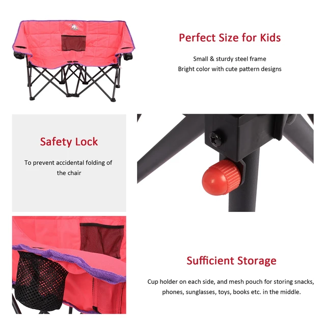 Alt view image 5 of 7 - Kids Double Camping Chair for Ages 4-8 Boys and Girls, Pink | Folding Kids 2 Seat Chair with Dual-lock safety 125 lbs, Mesh Storage Pocket, Backpack Carry Bag, Cup Holder for Camp, Picnic
