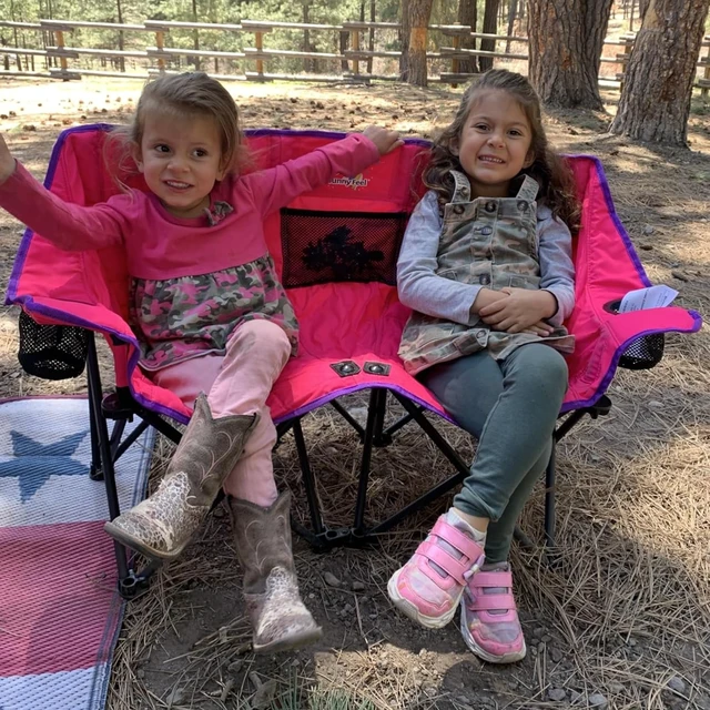 Alt view image 7 of 7 - Kids Double Camping Chair for Ages 4-8 Boys and Girls, Pink | Folding Kids 2 Seat Chair with Dual-lock safety 125 lbs, Mesh Storage Pocket, Backpack Carry Bag, Cup Holder for Camp, Picnic