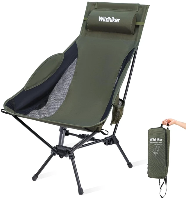Main image of RestAngle High Back Folding Camping Chair, Lounge Comfort - Green | Portable for space-saving storage, packs down small, removable pillow, easy to carry for RVs, campfires and backyards.