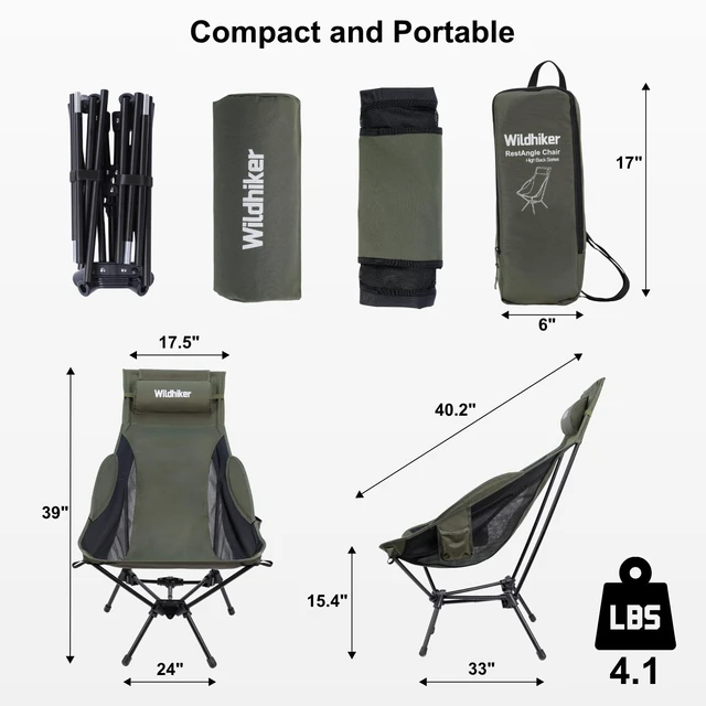 Alt view image 3 of 7 - RestAngle High Back Folding Camping Chair, Lounge Comfort - Green | Portable for space-saving storage, packs down small, removable pillow, easy to carry for RVs, campfires and backyards.