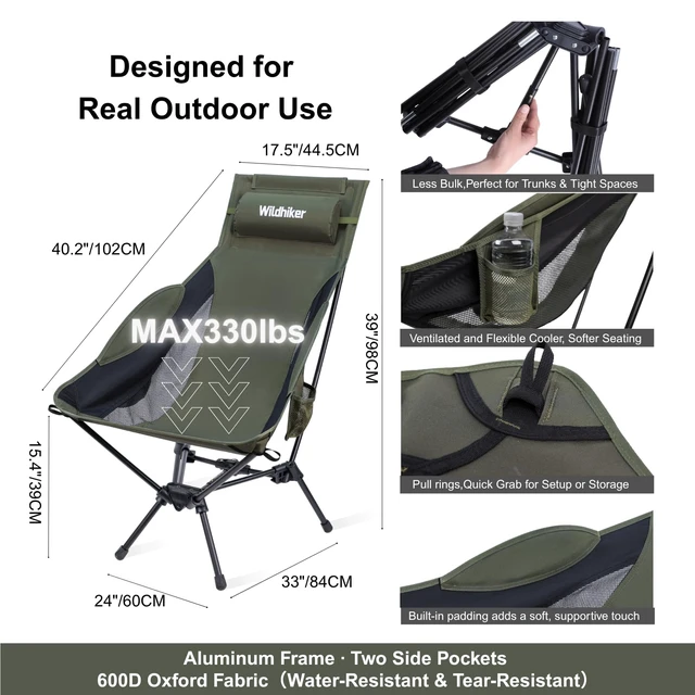Alt view image 6 of 7 - RestAngle High Back Folding Camping Chair, Lounge Comfort - Green | Portable for space-saving storage, packs down small, removable pillow, easy to carry for RVs, campfires and backyards.