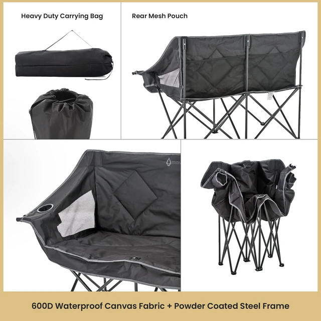 Alt view image 4 of 6 - Portable Folding Double Duo Camping Chair Loveseat | 2 Cup and Wine Glass Holder, Carrying Bag, Supports up to 650lbs, Beach, Tailgating, Fishing, Patio, Hunting, Backyard