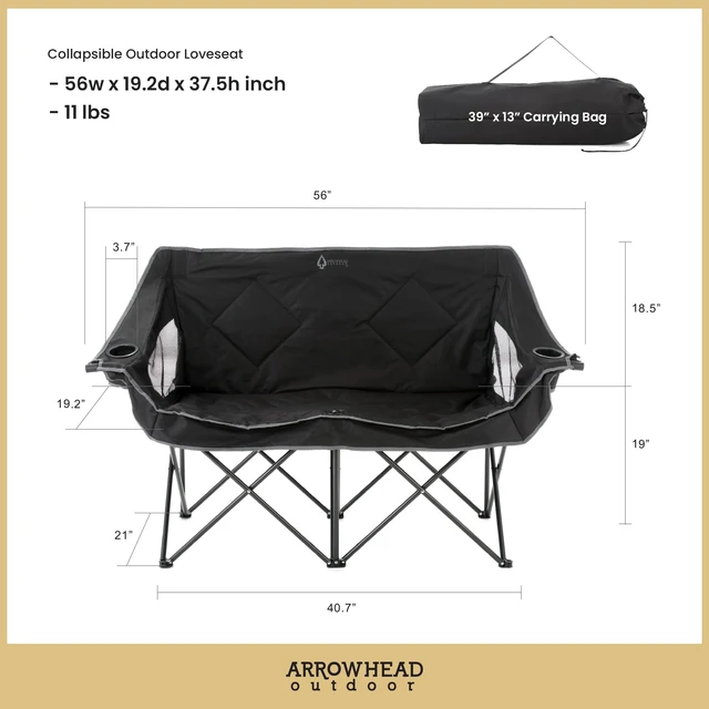 Alt view image 5 of 6 - Portable Folding Double Duo Camping Chair Loveseat | 2 Cup and Wine Glass Holder, Carrying Bag, Supports up to 650lbs, Beach, Tailgating, Fishing, Patio, Hunting, Backyard