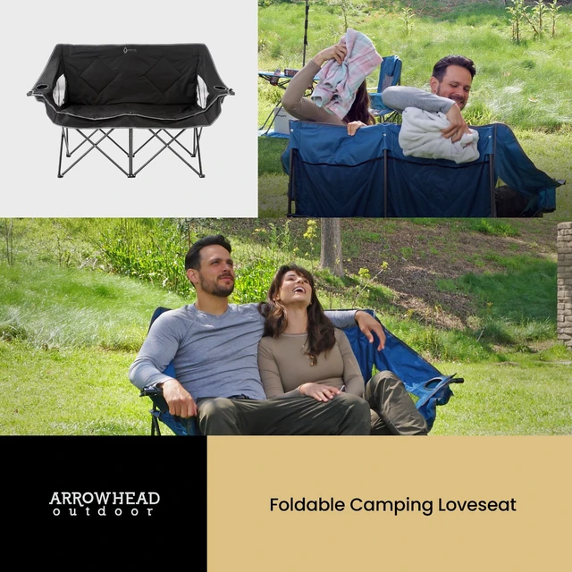 Alt view image 6 of 6 - Portable Folding Double Duo Camping Chair Loveseat | 2 Cup and Wine Glass Holder, Carrying Bag, Supports up to 650lbs, Beach, Tailgating, Fishing, Patio, Hunting, Backyard