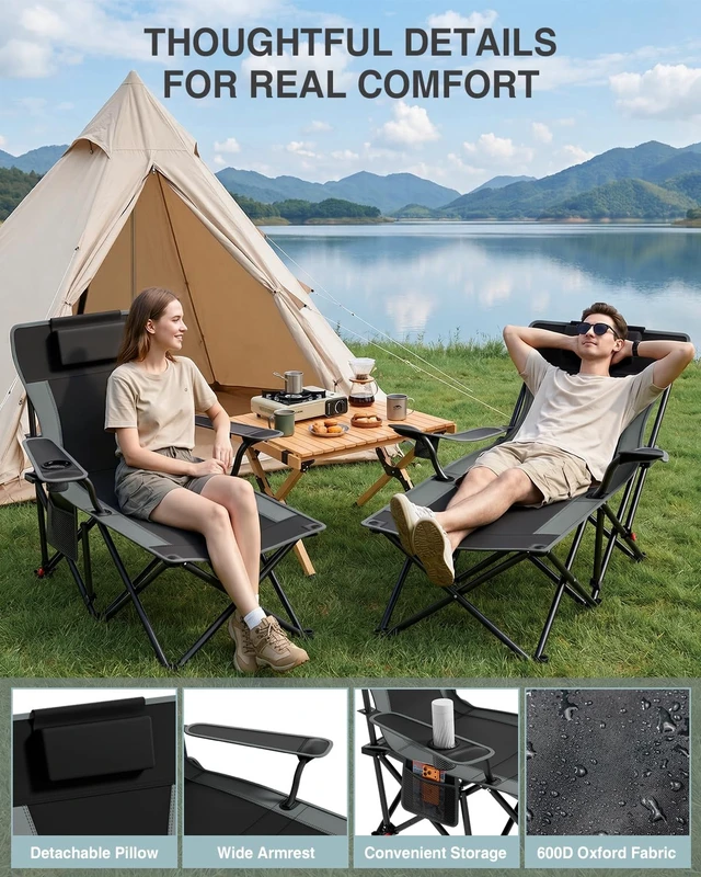 Alt view image 2 of 7 - Camping Chair with Foot Rest 4-Level Folding Reclining Beach Chairs | 6-Point Stable Footrest, 500lb Capacity, Detachable Pillow, 105°-160° Recliner, Cup Holder, Side Pocket, for Beach Lawn Patio