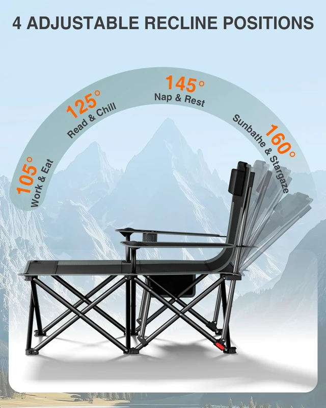 Alt view image 3 of 7 - Camping Chair with Foot Rest 4-Level Folding Reclining Beach Chairs | 6-Point Stable Footrest, 500lb Capacity, Detachable Pillow, 105°-160° Recliner, Cup Holder, Side Pocket, for Beach Lawn Patio