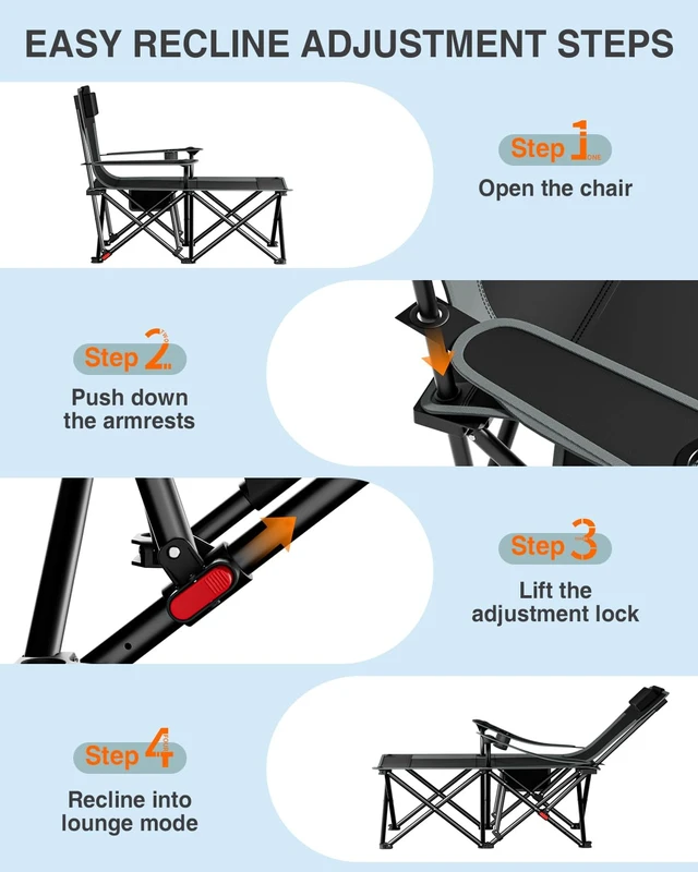 Alt view image 4 of 7 - Camping Chair with Foot Rest 4-Level Folding Reclining Beach Chairs | 6-Point Stable Footrest, 500lb Capacity, Detachable Pillow, 105°-160° Recliner, Cup Holder, Side Pocket, for Beach Lawn Patio