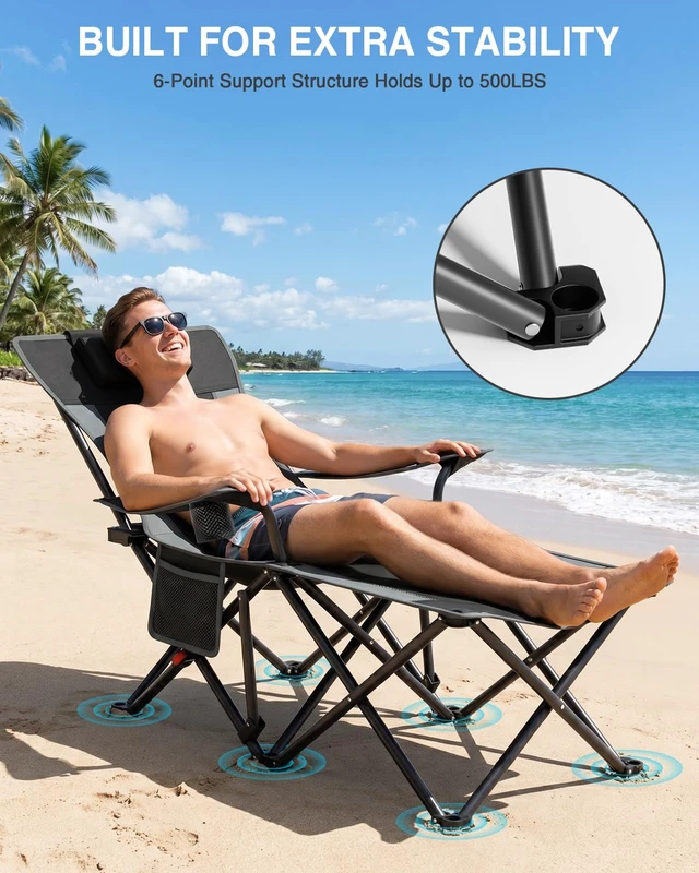 Alt view image 5 of 7 - Camping Chair with Foot Rest 4-Level Folding Reclining Beach Chairs | 6-Point Stable Footrest, 500lb Capacity, Detachable Pillow, 105°-160° Recliner, Cup Holder, Side Pocket, for Beach Lawn Patio