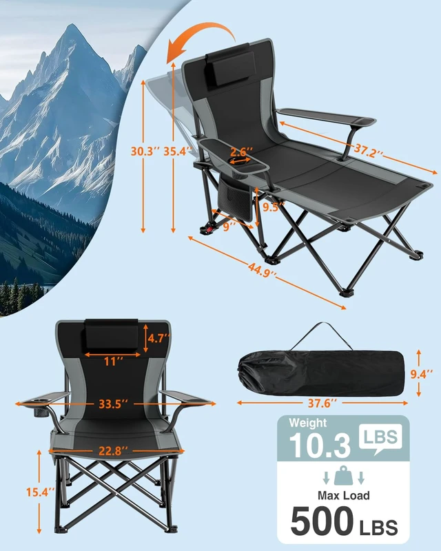 Alt view image 6 of 7 - Camping Chair with Foot Rest 4-Level Folding Reclining Beach Chairs | 6-Point Stable Footrest, 500lb Capacity, Detachable Pillow, 105°-160° Recliner, Cup Holder, Side Pocket, for Beach Lawn Patio