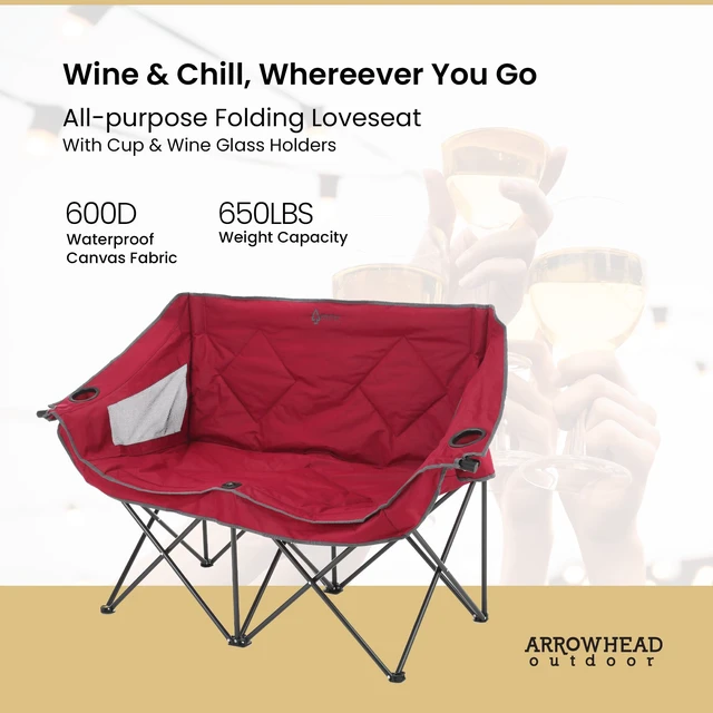 Alt view image 2 of 7 - Portable Folding Double Duo Camping Chair Loveseat w/ 2 Cup & Wine Glass Holder, Carrying Bag, Supports up to 500lbs