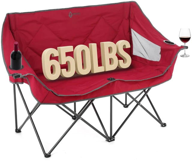 Main image of Portable Folding Double Duo Camping Chair Loveseat w/ 2 Cup & Wine Glass Holder, Carrying Bag, Supports up to 500lbs