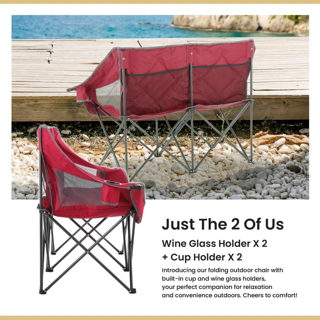 Alt view image 3 of 7 - Portable Folding Double Duo Camping Chair Loveseat w/ 2 Cup & Wine Glass Holder, Carrying Bag, Supports up to 500lbs