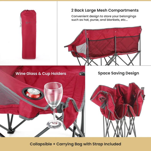 Alt view image 4 of 7 - Portable Folding Double Duo Camping Chair Loveseat w/ 2 Cup & Wine Glass Holder, Carrying Bag, Supports up to 500lbs