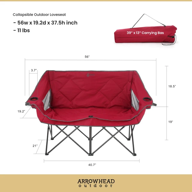 Alt view image 5 of 7 - Portable Folding Double Duo Camping Chair Loveseat w/ 2 Cup & Wine Glass Holder, Carrying Bag, Supports up to 500lbs