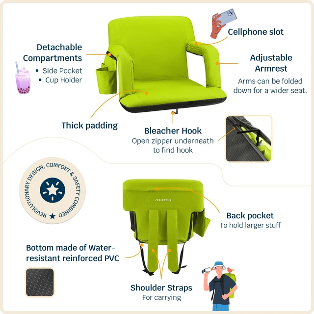 Alt view image 3 of 7 - Reclining Stadium Seat Wide Bleacher Chair with Back Support and Cushion, Armrests, Side Pockets, and Bleachers Hook Best Stadium Seats Chairs for Camping, Kayak, & Paddle Board Backs