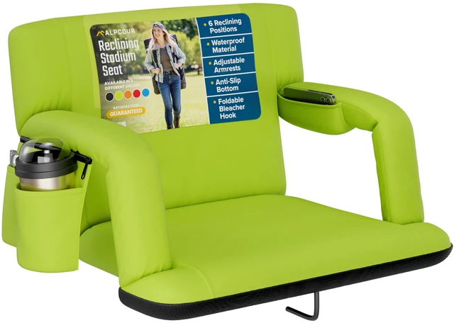 Main image of Reclining Stadium Seat Wide Bleacher Chair with Back Support and Cushion, Armrests, Side Pockets, and Bleachers Hook Best Stadium Seats Chairs for Camping, Kayak, & Paddle Board Backs