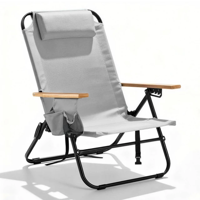 Main image of Premium Portable Camping Chair 5-Position Recliner Beach Folding Lightweight Outdoor Chair with Wooden Armrests, Headrest, Multi-Pockets Heavy Duty 350lbs, for Patio, Backyard, Light Grey