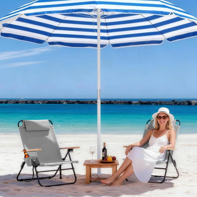 Alt view image 2 of 7 - Premium Portable Camping Chair 5-Position Recliner Beach Folding Lightweight Outdoor Chair with Wooden Armrests, Headrest, Multi-Pockets Heavy Duty 350lbs, for Patio, Backyard, Light Grey