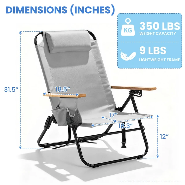 Alt view image 3 of 7 - Premium Portable Camping Chair 5-Position Recliner Beach Folding Lightweight Outdoor Chair with Wooden Armrests, Headrest, Multi-Pockets Heavy Duty 350lbs, for Patio, Backyard, Light Grey