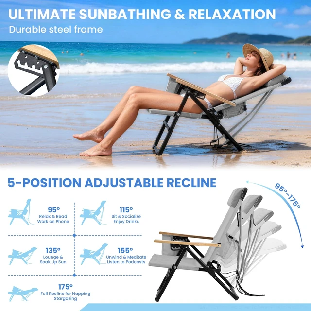 Alt view image 4 of 7 - Premium Portable Camping Chair 5-Position Recliner Beach Folding Lightweight Outdoor Chair with Wooden Armrests, Headrest, Multi-Pockets Heavy Duty 350lbs, for Patio, Backyard, Light Grey