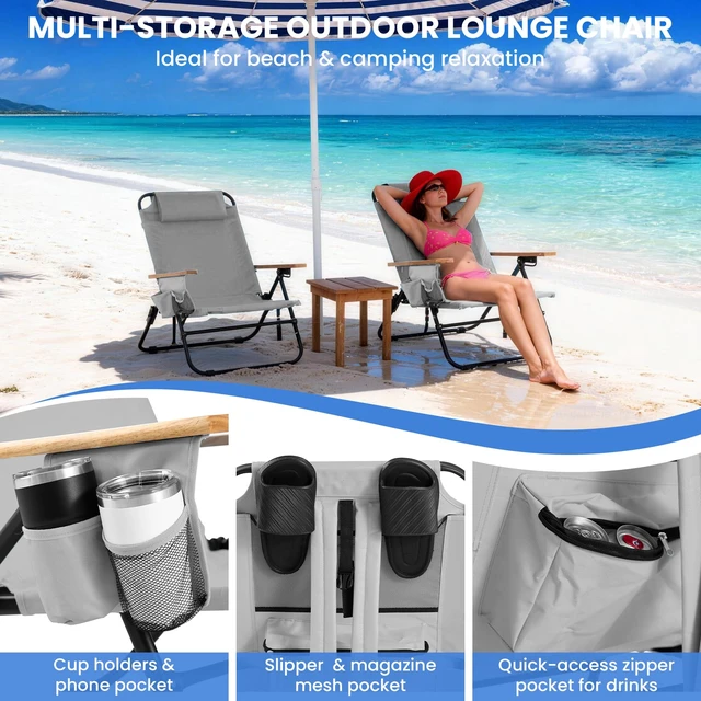 Alt view image 5 of 7 - Premium Portable Camping Chair 5-Position Recliner Beach Folding Lightweight Outdoor Chair with Wooden Armrests, Headrest, Multi-Pockets Heavy Duty 350lbs, for Patio, Backyard, Light Grey