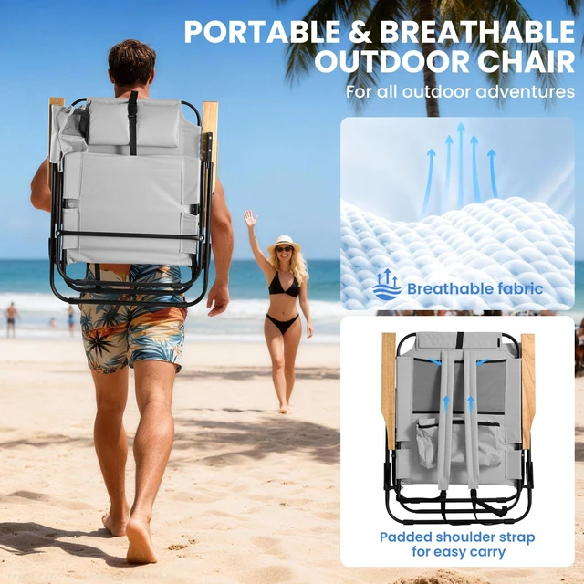 Alt view image 6 of 7 - Premium Portable Camping Chair 5-Position Recliner Beach Folding Lightweight Outdoor Chair with Wooden Armrests, Headrest, Multi-Pockets Heavy Duty 350lbs, for Patio, Backyard, Light Grey