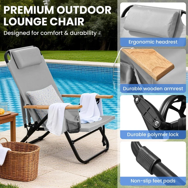 Alt view image 7 of 7 - Premium Portable Camping Chair 5-Position Recliner Beach Folding Lightweight Outdoor Chair with Wooden Armrests, Headrest, Multi-Pockets Heavy Duty 350lbs, for Patio, Backyard, Light Grey
