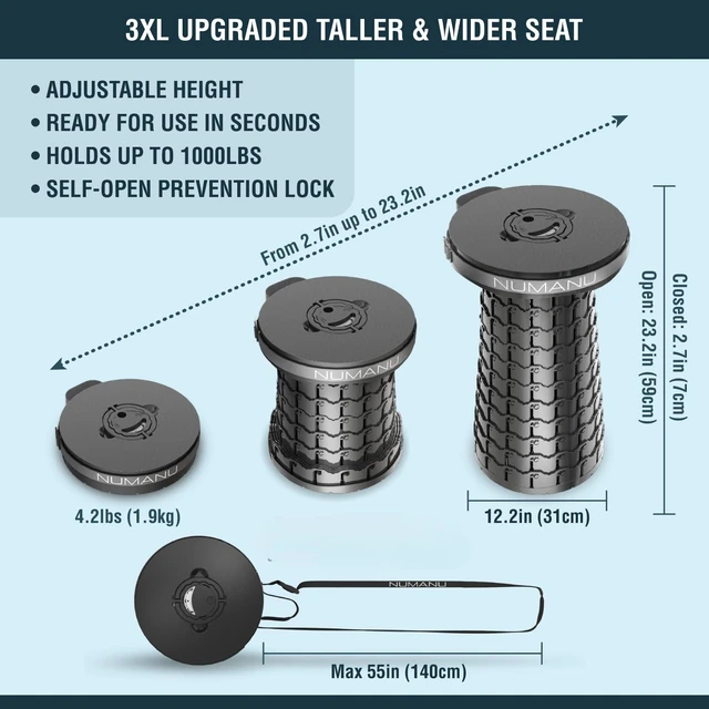Alt view image 2 of 7 - 3XL Cushioned Collapsible Stool for Adults, Folding Seat, 1000 lbs | Oversized Big & Tall Stool, Telescoping 2.7-23.2in Adjustable, 360 Swivel Pad + Waterproof Bag; Travel, Sports, Camping