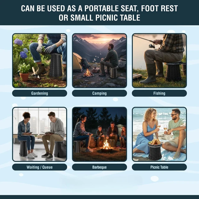 Alt view image 7 of 7 - 3XL Cushioned Collapsible Stool for Adults, Folding Seat, 1000 lbs | Oversized Big & Tall Stool, Telescoping 2.7-23.2in Adjustable, 360 Swivel Pad + Waterproof Bag; Travel, Sports, Camping
