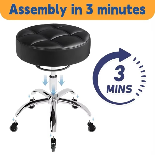 Alt view image 6 of 7 - Rolling Stool Heavy Duty 400lbs: No Squeak, No Tip, Black | Super Soft Seat Cushion, 360°Swivel Height Adjustability, Smooth Rolling, designed for Tattoo Facial Massage Spa Medical