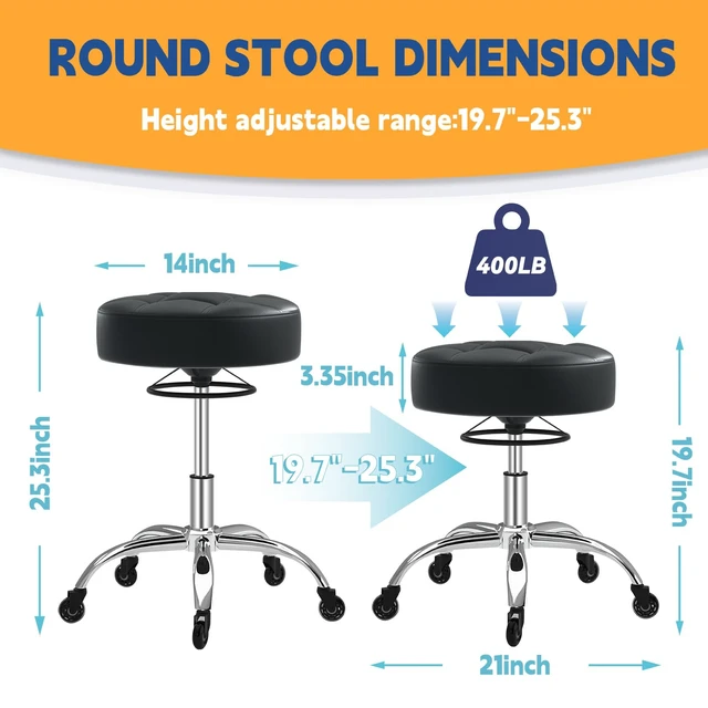 Alt view image 7 of 7 - Rolling Stool Heavy Duty 400lbs: No Squeak, No Tip, Black | Super Soft Seat Cushion, 360°Swivel Height Adjustability, Smooth Rolling, designed for Tattoo Facial Massage Spa Medical