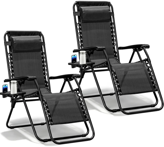 Main image of Zero Gravity Chairs Set of 2, Adjustable Lounge Chair Outdoor Recliner, Folding Reclining Lawn Chair, Anti Gravity Chair with Pillow & Cup Holder for Pool Camping Sunbathing Beach Patio