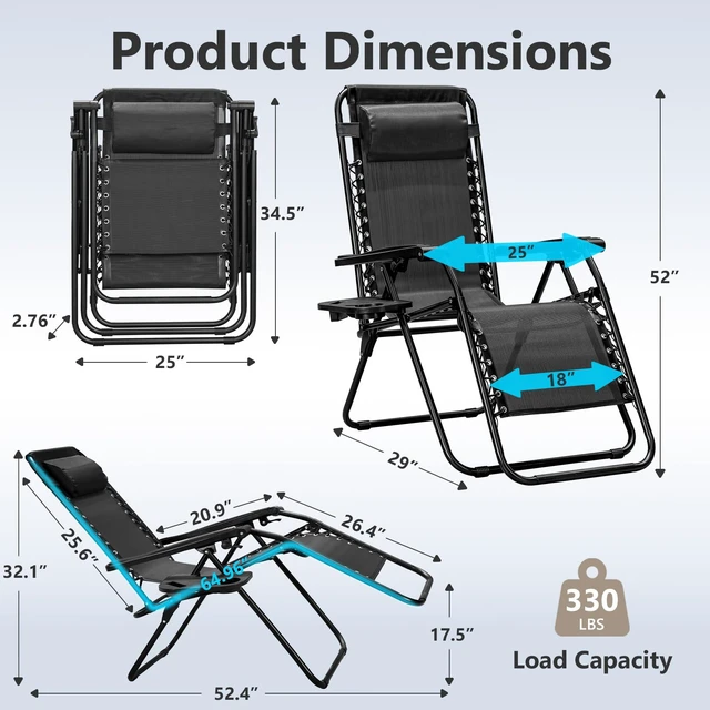 Alt view image 2 of 7 - Zero Gravity Chairs Set of 2, Adjustable Lounge Chair Outdoor Recliner, Folding Reclining Lawn Chair, Anti Gravity Chair with Pillow & Cup Holder for Pool Camping Sunbathing Beach Patio