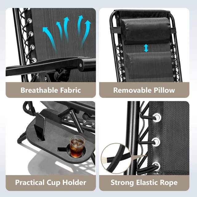 Alt view image 3 of 7 - Zero Gravity Chairs Set of 2, Adjustable Lounge Chair Outdoor Recliner, Folding Reclining Lawn Chair, Anti Gravity Chair with Pillow & Cup Holder for Pool Camping Sunbathing Beach Patio