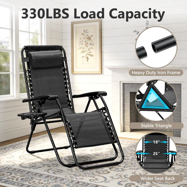 Alt view image 4 of 7 - Zero Gravity Chairs Set of 2, Adjustable Lounge Chair Outdoor Recliner, Folding Reclining Lawn Chair, Anti Gravity Chair with Pillow & Cup Holder for Pool Camping Sunbathing Beach Patio