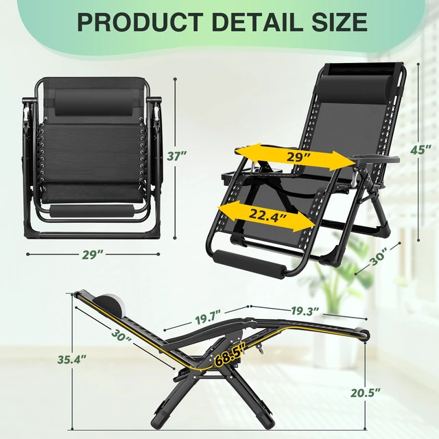 Alt view image 2 of 5 - Oversized Zero Gravity Chair, 500LBS 29In XL Outdoor Recliner Chairs | w/Removable Cushion&Headrest, Camping Lounge Chair w/ Upgraded Lock&Footrest, Reclining Patio Chairs for Indoor Outdoor
