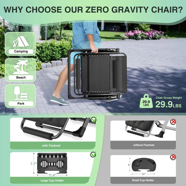 Alt view image 4 of 5 - Oversized Zero Gravity Chair, 500LBS 29In XL Outdoor Recliner Chairs | w/Removable Cushion&Headrest, Camping Lounge Chair w/ Upgraded Lock&Footrest, Reclining Patio Chairs for Indoor Outdoor