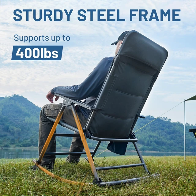 Alt view image 2 of 7 - Oversized Folding Rocking Camping Chair, Padded Outdoor Rocker with High Back, Portable Outdoor Chair for Patio, Garden, Lawn, Supports up to 400 lbs, Blue