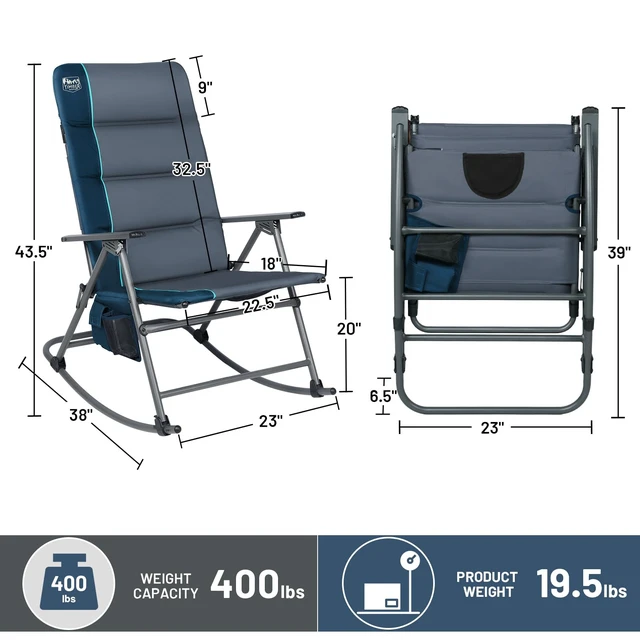 Alt view image 3 of 7 - Oversized Folding Rocking Camping Chair, Padded Outdoor Rocker with High Back, Portable Outdoor Chair for Patio, Garden, Lawn, Supports up to 400 lbs, Blue
